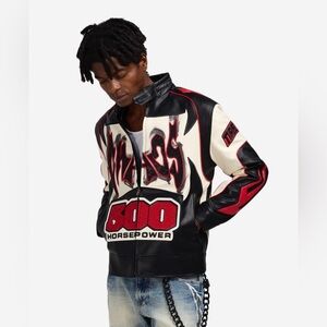 Men's Black 100% Leather and Red Horsepower Bomber Jacket